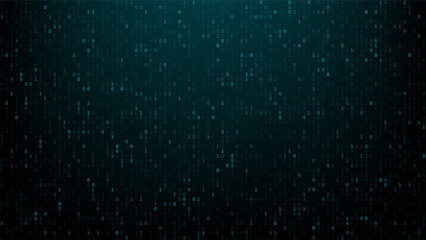 Digital binary code rain on dark background. Abstract matrix style background of 0s and 1s. Data stream for computer interface or cybersecurity.
