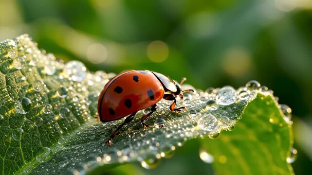 A macro close-up of a ladybug crawling on a green leaf with morning dew. Tiny insect walking on a wet plant covered in sparkling water drops. Extreme close-up of wildlife in nature