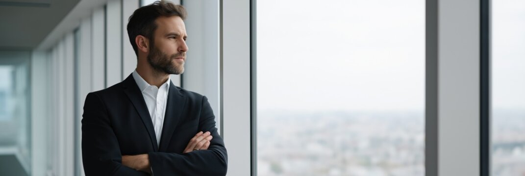 Caucasian young adult male in suit looking out of office window contemplatively