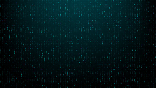 Digital binary code rain on dark background. Abstract matrix style background of 0s and 1s. Data stream for computer interface or cybersecurity.