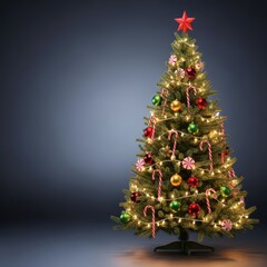 Festive Christmas tree heavily decorated with red and white striped candy canes, sparkling lights, and traditional holiday ornaments, seasonal, bright, festive