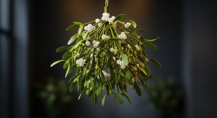 Festive hanging mistletoe decoration featuring white berries and green leaves, perfect for winter holiday celebrations and seasonal cheer, closeup, hanging, bow