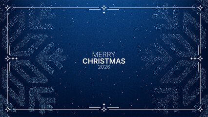 Blue Christmas background with snowflake pattern and Merry Christmas 2026 text. Festive winter holiday greeting card design.