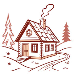 Illustration of a log cabin with smoke and trees in winter