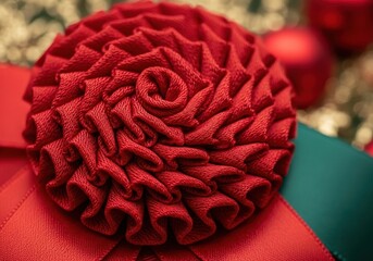 Festive close up of a beautiful red fabric rosette ribbon decoration creating a delightful holiday atmosphere and seasonal cheer, joy, design, detail