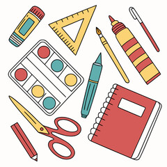 Illustration of school and art supplies scattered around page