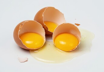 Isolated broken fresh chicken eggs with visible flowing golden yolk and crushed shell fragments on a bright white background, ready for baking, protein, studio shot, albumen