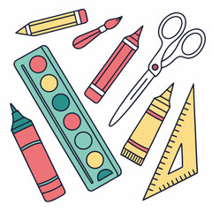 Illustration of school supplies including paint and ruler