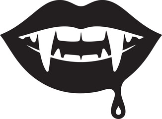 Dripping vampire bite — lips with fangs and drop of blood, dark Halloween temptation. Vector Black silhouettes. with white background