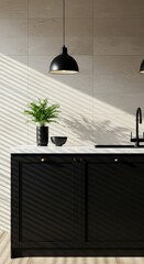 Sleek modern black kitchen island with white marble counter under striped sunlight on beige tile wall, featuring a green houseplant, light, surface, tile