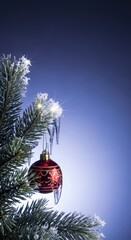 Sparkling ice crystals cling to festive winter decorations and pine needles, emphasizing the quiet, deep chill of a cold seasonal holiday, frosty, atmosphere, ornament