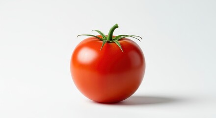 Vibrant color and smooth texture of a plump, single vine ripe tomato centered against a bright, sterile white backdrop ,juicy, vegetarian, simple