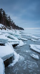 Thick layers of stationary fast ice pressed against the rocky shoreline of the frozen northern sea, showing fractured winter structures, ice formation, gray, water