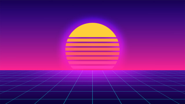 Sun on synthwave grid in retro futuristic style. Gradient abstract vaporwave background with cyber pattern. Outrun and retrowave aesthetic for wallpaper.