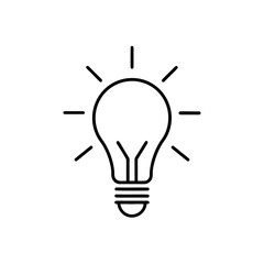 Outline drawing of a lightbulb radiating light rays on transparent background silhouette