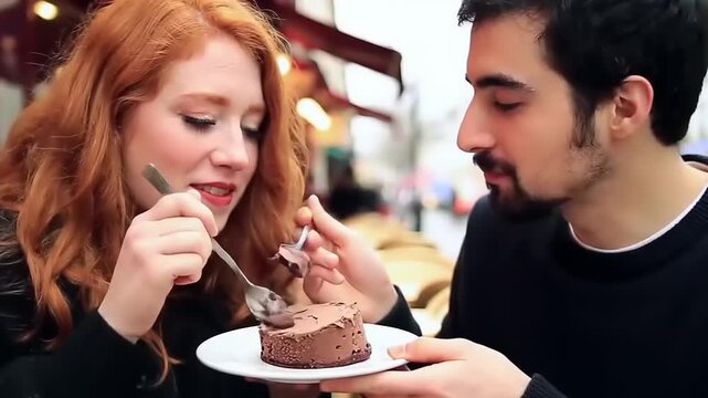 Couple sharing dessert outdoors in Paris.