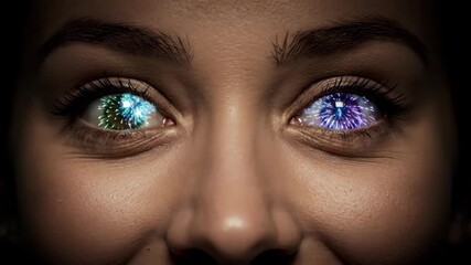 Extreme close-up of a woman's eyes with fireworks reflected in the pupils. A person watching a colorful display with wonder. Celebration and new year concept - Powered by Adobe