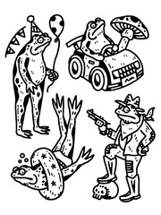 Edgy frog doodle set: party, cowboy, racer, and swimming fun