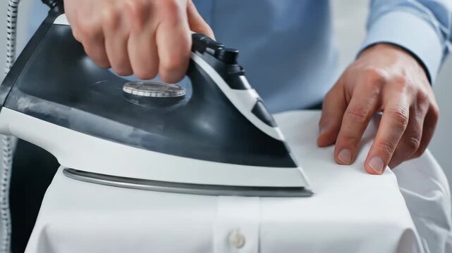 Man ironing a white shirt with a steam iron. Close-up of hands doing a domestic chore. Household laundry and clothing preparation concept