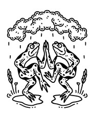Two frogs dancing under a rain cloud: simple vintage doodle