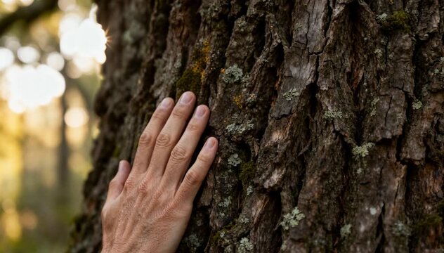 Close-up of a human hand gently touching the rough textured bark of a tree in a natural forest setting during daytime, with warm sunlight and lush