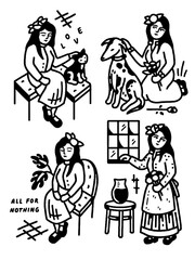 Melancholic girl doodle set with dog, cat, and love concept