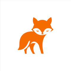 Cute Orange Fox Standing Vector Logo, Closed Eyes Tranquil Pose.