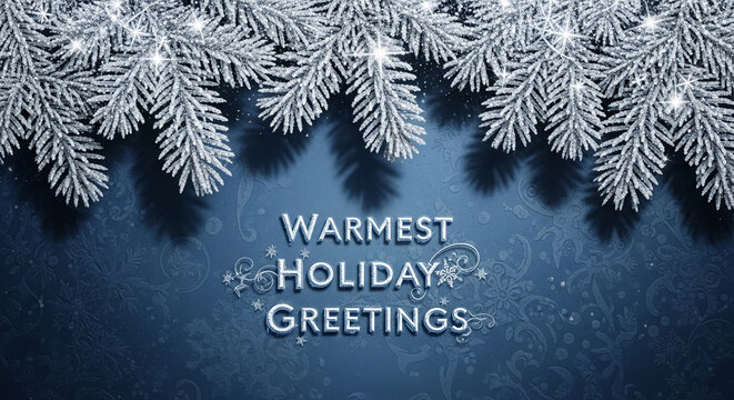 Image of silver frosted pine branches on blue background, showcasing holiday greetings. Represents festive cheer and seasonal celebration and goodwill