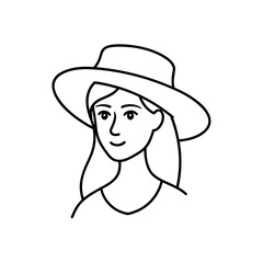 Outline drawing of a woman wearing a wide brim hat on transparent background silhouette