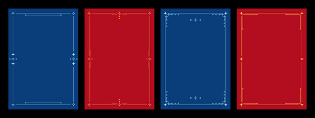 Four christmas vector decorative border pattern on red and blue background for greeting card, invitation, flyer, poster or certificate design.