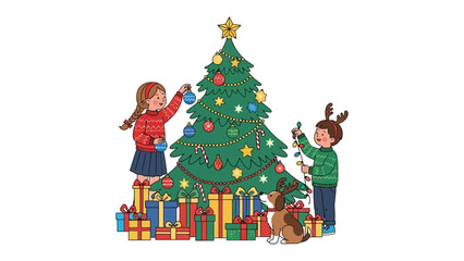 Festive Decoration: Two children excitedly adorn a Christmas tree with ornaments and lights, surrounded by presents, spreading holiday cheer and creating a warm, inviting atmosphere. 