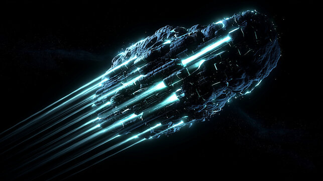 Sci-fi visualization of an advanced, rocky cosmic anomaly, perhaps a massive Oumuamua-like spacecraft, speeding through the black void.