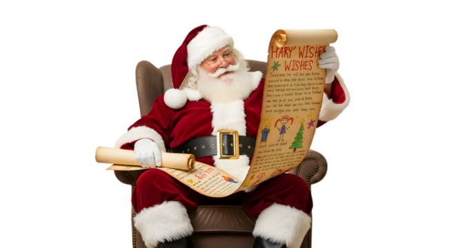 Santa claus sitting in a chair holding a long scroll of naughty and nice list isolated on transparent background