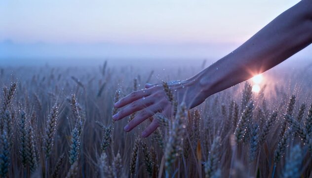 Close-up of a hand gently touching wheat stalks in a field during sunset with a soft light and a peaceful, natural outdoor scene in warm tones