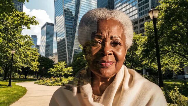 A thoughtful senior woman in a double exposure with a city park. Conceptual video about memory, life, and aging with wisdom