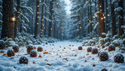 Winter holiday background with snow-covered pine cones and fairy lights, copy space