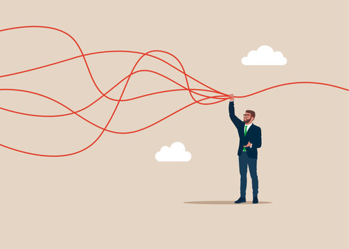 Businessman straightens the untied thread line. Simplification, problem solving. Flat vector illustration