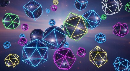 Abstract digital design: vibrant glowing geometric wireframes around spheres illustration