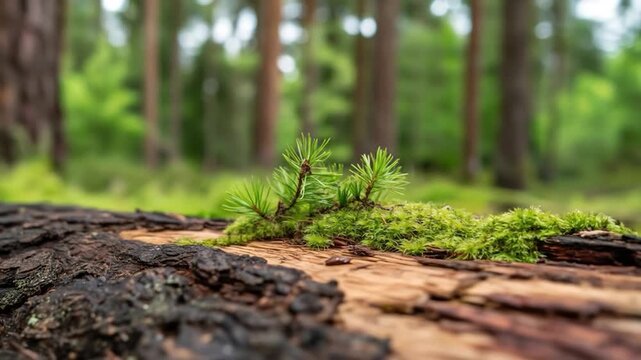 Young pine tree sprouts growing on mossy fallen log in lush green forest background new life nature growth concept