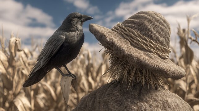 A crow perched on a scarecrow in a golden cornfield under a blue sky, creating a serene rural scene.