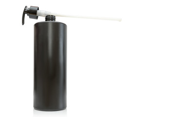 A black plastic container with a dispenser on a white background. For liquid.