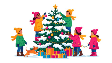 Joyful Christmas Spirit: Children and their canine companion share the magical joy of decorating a Christmas tree with ornaments, surrounded by vibrant gift boxes.