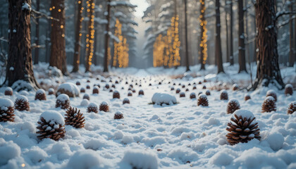 Winter holiday background with snow-covered pine cones and fairy lights, copy space