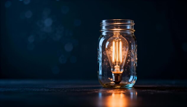 Close-up of a vintage Edison-style filament light bulb inside a glass jar, warm glowing light in a dark environment creating a cozy and nostalgic