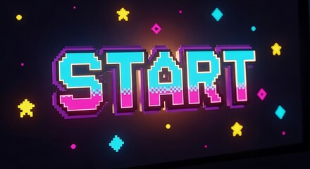 Retro 3D Pixel Art Word "START" with Neon Pink and Blue Colors: Classic Arcade Game Screen, Loading, and Gaming Invitation Banner
