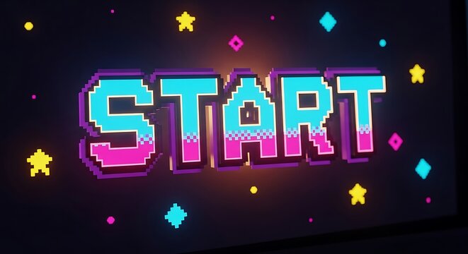 Retro 3D Pixel Art Word "START" with Neon Pink and Blue Colors: Classic Arcade Game Screen, Loading, and Gaming Invitation Banner