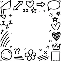 Obraz premium Hand drawn doodle frame with hearts arrows and stars. Includes crown, speech bubble, flower, happy face and question marks. Design element on transparent background.