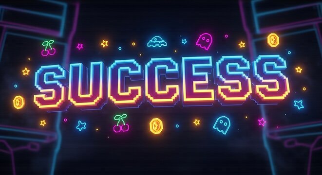Pixel Art "SUCCESS" Text with Retro Gaming Elements and Neon Lights: Victory Screen, Achievement, Winner, and Arcade Theme Banner