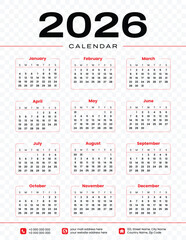 2026 Full Year English Calendar Template with Sunday Start and Monthly Grids