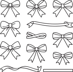 A collection of hand drawn ribbon and bow illustrations in black and white style